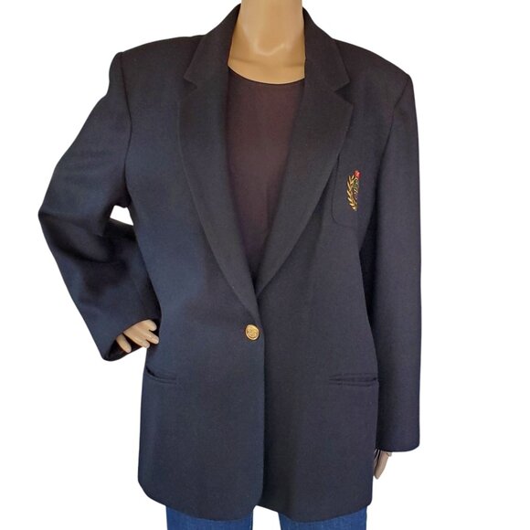 Herman Geist Crest Logo Black Wool Blazer Jacket Academia Womens 16 Lined Pocket - Picture 2 of 13